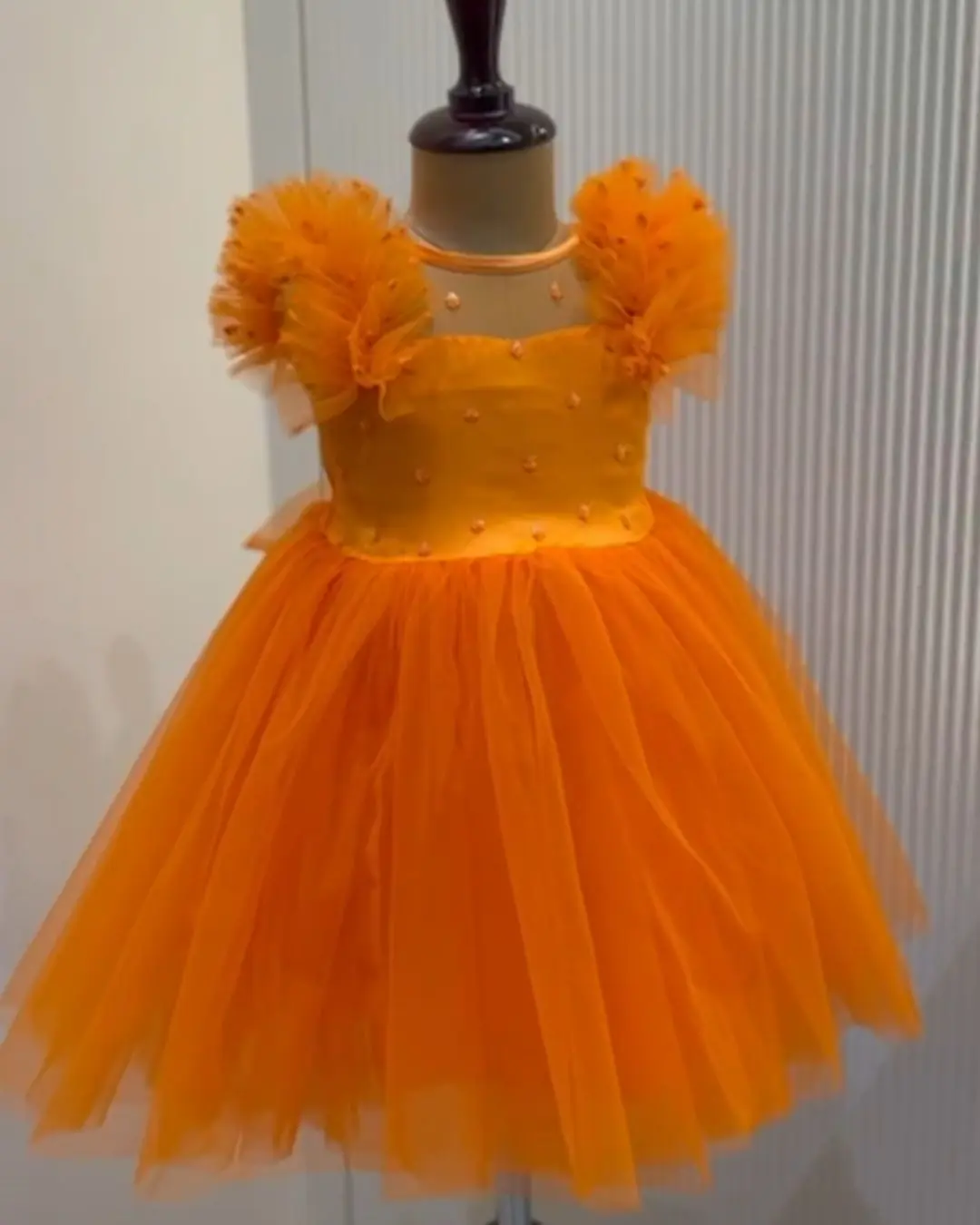kids-clothing-kuwait-orange-tulle-dress-with-ruffled-sleeves